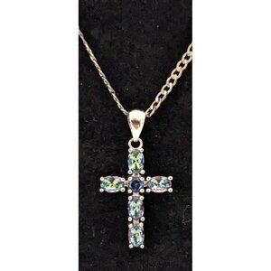 Vintage Mystic Topaz Silver Cross Pendant Necklace Chain 19 in.Marked 925